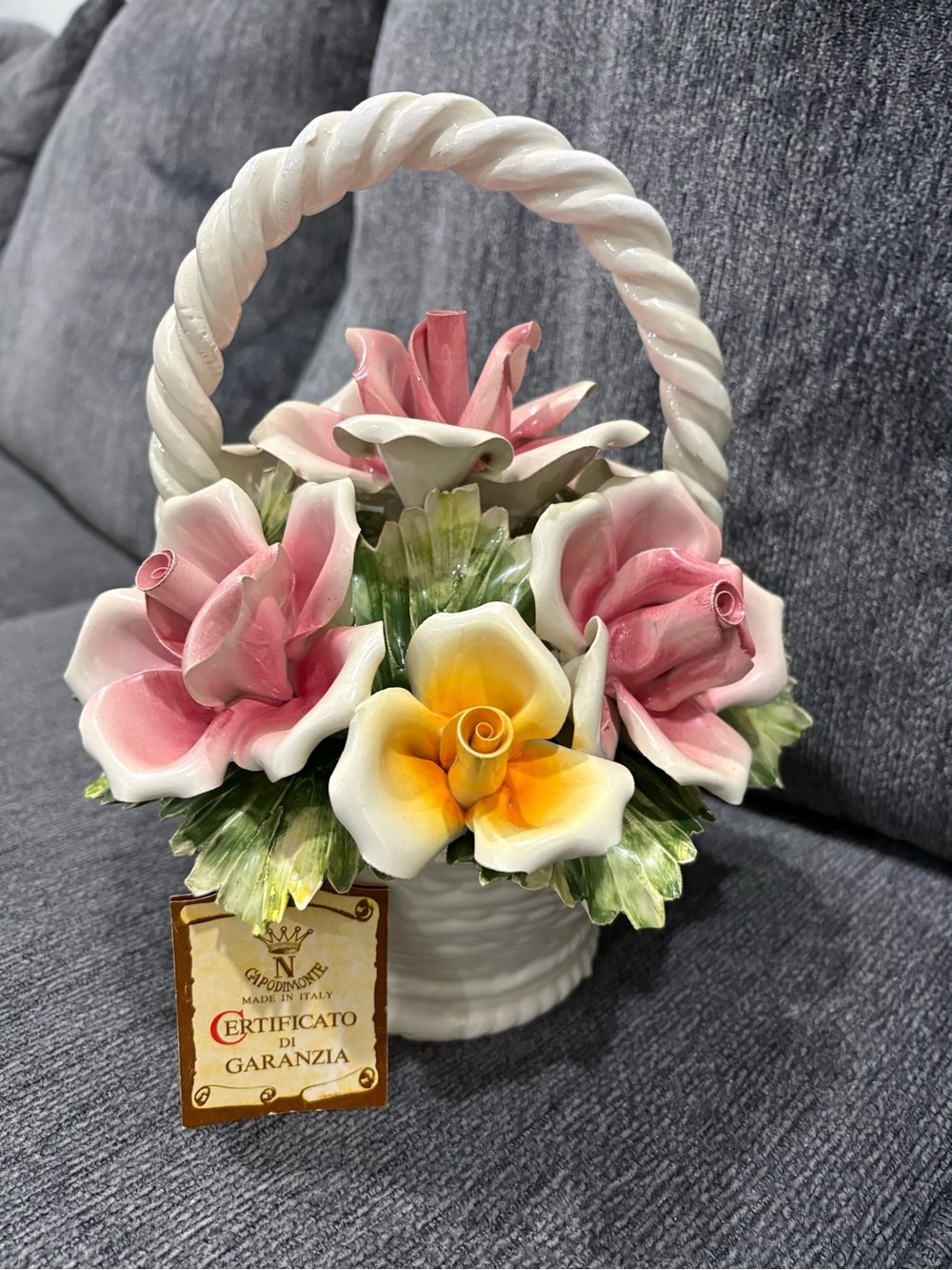 Capodimonte Pink and Yellow Porcelain Flowers in basket
